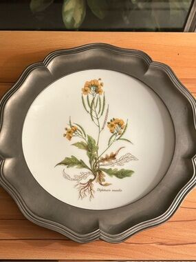 White Ceramic Plate with Yellow botanical florals & Pewter Rim. Can hang on wall